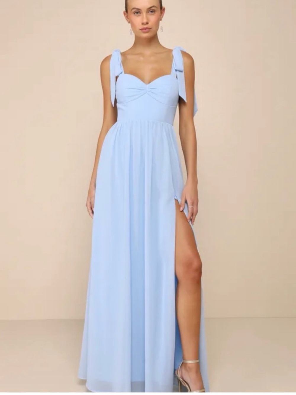 Lulu's Light Blue Tie-Shoulder Maxi Dress with High Slit NWT